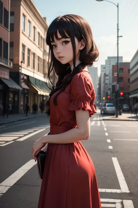 anime girl maybe 24 yo, with red dress standing in the crossroad and remember something about past. 