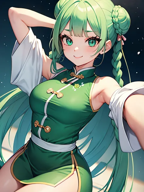 anime, High angle, full body, looking away from the camera, woman, 20years old, slim, big eyes, double eyelids, mint color eyes, blunt bangs, double twin braids bun head, mint color hair, playful smile, qipao, 