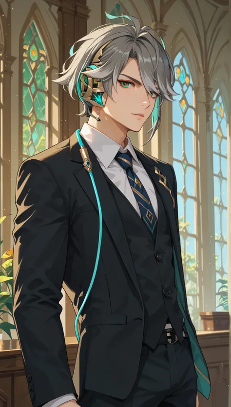 score_9,score_8_up,score_7_up, solo, alhaitham, multicolored hair, grey hair, green eyes, orange pupils black suit, formal suit, tie, white shirt inside the suit, Cowboy Shot, earphones