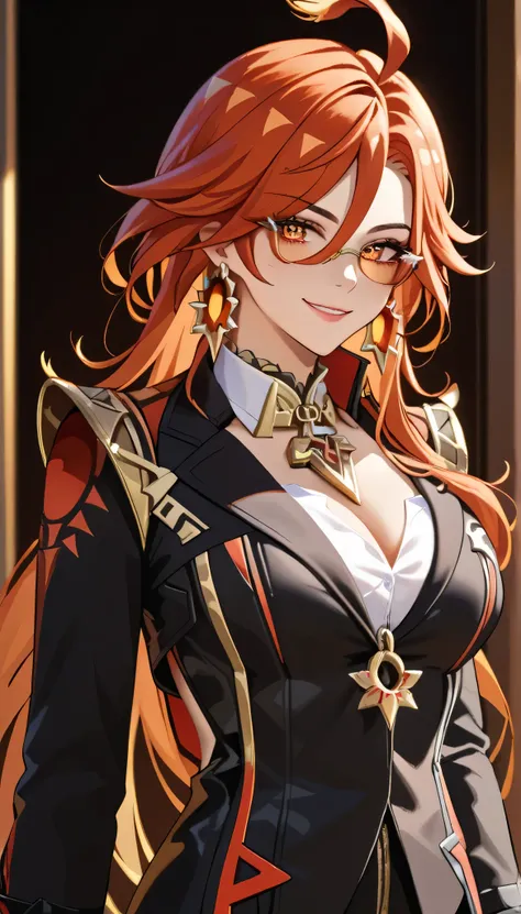 score_9,score_8_up,score_7_up, 1girl, solo, mavuika (genshin impact), black suit, formal suit, tie, white shirt inside the suit, Smile, Cowboy Shot, glasses, big breast, fixing her glasses 