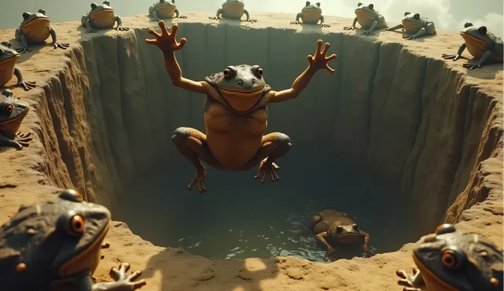 Two frogs in a deep pit (no water in pit) . One is dead, the other is jumping with all his might to get out of the pit. Several frogs are looking down from above.