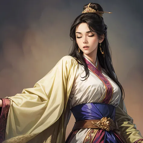 (( from head to thigh)), Three Kingdoms illustration , Female solo, Beautiful Woman, beautiful face, perfect hand , ( black hair ), sexy expression , Hana's expression with her eyes closed, wink your eyes, excited expression, Various facial express...
