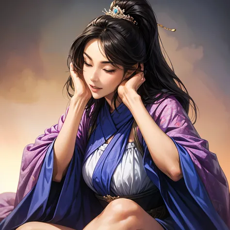 (( from head to thigh)),  Three Kingdoms illustration , Female solo,  Beautiful Woman,  beautiful face,  perfect hand , ( black hair ),  sexy expression , Hana's expression with her eyes closed,  wink your eyes,   excited expression, Various facial express...