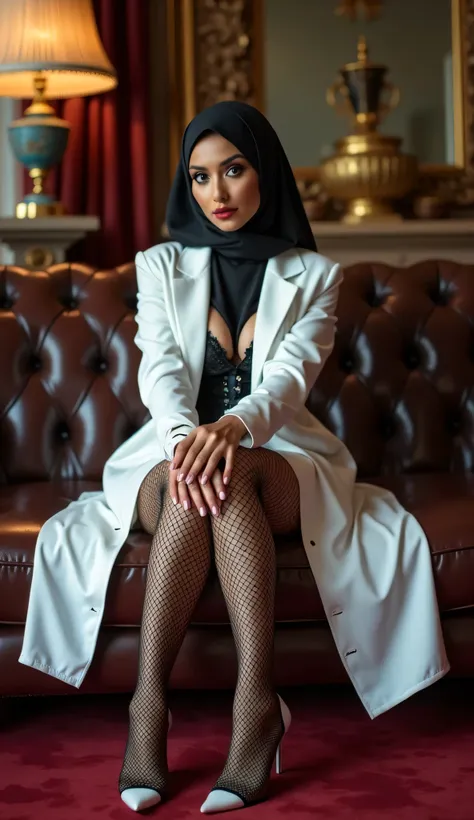 satin hijab, ultra luxury apartment, sitting on leather couch, legs separated in v shape, wearing white doctor's coat, full body wearing fishnet stockings, sexy corset, long shot, full body shot,