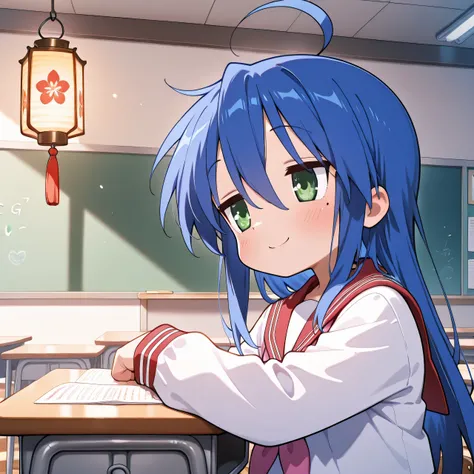 Konata Izumi、 Lantern, masterpiece,  best quality,  high resolution,, 1 girl in the best, Alone,  school uniform ,  neckerchief ,  red sailor color, Indoors, classroom, smile,( big size:1.4)