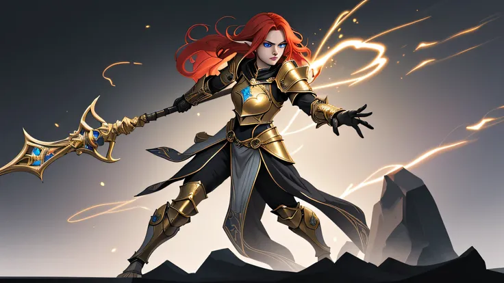 A full-body portrait of a fierce 16-18-year-old elven battle mage with long fiery red hair and piercing blue eyes. She wears magical black armor with intricate golden accents, designed for combat, combining elegance and practicality. The armor is lightweig...