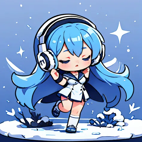 (artwork, best quality) a girl with long blue hair, closed eyes, blue eyelashes, white sailor suit, big breasts, perfect body, beautiful eyes, good waist, tattoo, screaming with joy, arms and legs open, listening to music with a headset, lying in the snow