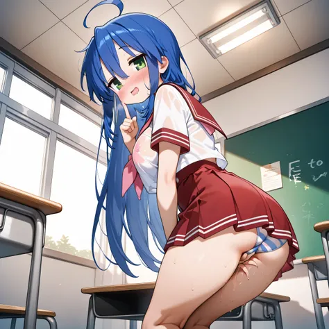 Konata Izumi、 Lantern, masterpiece,  best quality,  high resolution,, 1 girl in the best, Alone,  school uniform ,  neckerchief ,  red sailor color, Indoors, classroom, ( big size:1.6)、Close your eyes and scream、 orgasm、Pleasure、 at the top、blush、 red chee...