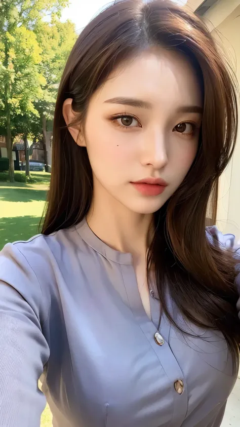 (( Best Quality , 【8k, masterpiece :1.3)),  sexy woman ,  1girl , ( firm body ,  Slim Fit :1.2),   dark brown hair , ( Outdoor, Henry shirt  :1.1),  extremely delicate face, Detailed Lips ,   Delicate Eyes  ,  Double Eyelids