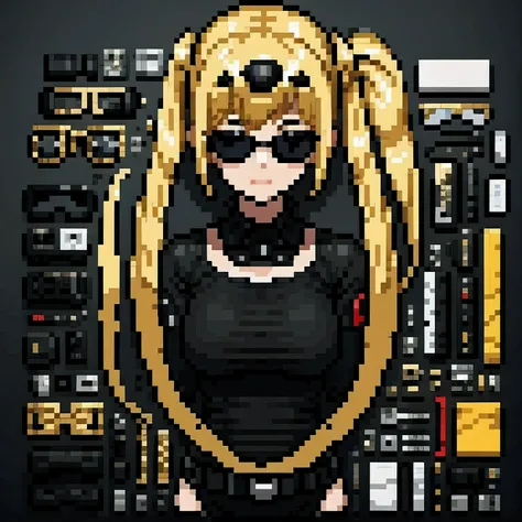 wearing gold frame reflective sunglasses {x} cyberpunk, black,  ，Focus