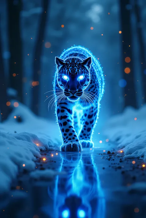 Witness the cosmic elegance of a neon leopard with glowing blue eyes, striding across a reflective surface in a snowy forest. Star dust and luminous particles swirl around, creating a magical and surreal scene. Dive into the magic of this enchanting artwor...