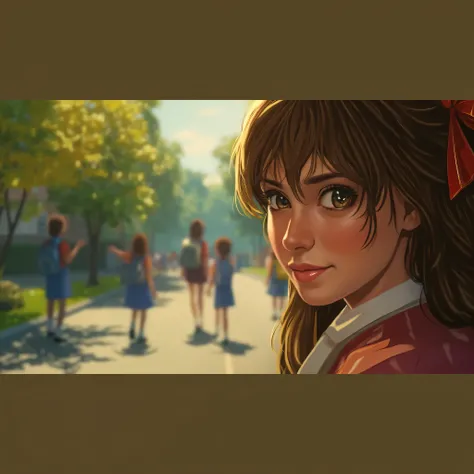 Give me same image with attached photo in 3000*3000px "in Animated cinematic style with painting art and real feel, A 21 year Indian school girl gorgeous, happy, smiley face with nice eyes in the right side of the image and blurring background is the natur...