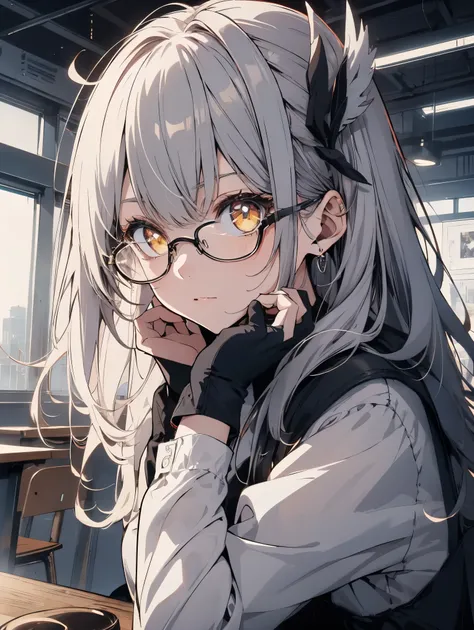 Glasses、Glasses、glowing eyes、long hair, gray hair, masterpiece, top quality, very beautiful, absurd, with bangs, glasses, yellow eyes, yellow eyes, Glasses、( best quality, table top:1.2),( anime style,Comic Core:1.1), one girl, upper body, adorable,  Extre...