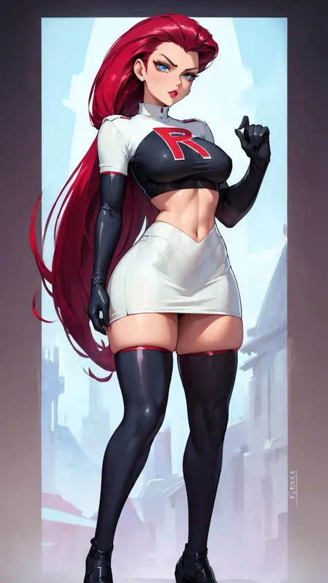 gorgeous girl in sexy standing, ((hair slicked back, long hair,)), large blue eyes, red lip gloss, perfect body, team rocket ,team rocket uniform ,white skirt,crop top,thighhighs,elbow gloves, masterpiece, highres, ((plain background:1.3))