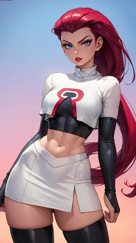 gorgeous girl in sexy standing, ((hair slicked back, long hair,)), large blue eyes, red lip gloss, perfect body, team rocket ,team rocket uniform ,white skirt,crop top,thighhighs,elbow gloves, masterpiece, highres, ((plain background:1.3))