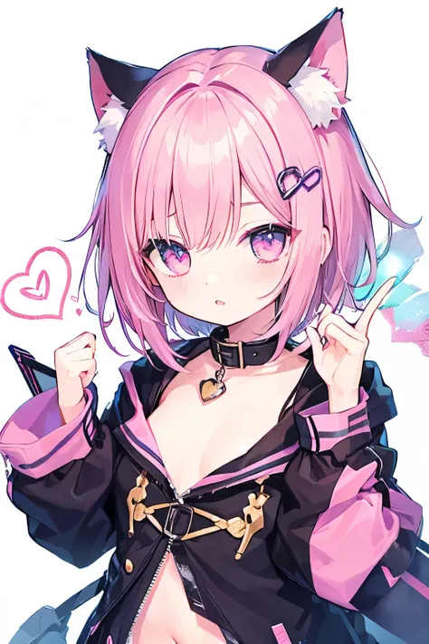 nsfw、   I'm looking for transparent pink short hair、   Oversized Jacket    、  Wearing a collar  、       I'm looking for an elementary school girl 、   small breasts、 so beautiful、  eyeliner 、Cat ears、((((( )))))、heart❤