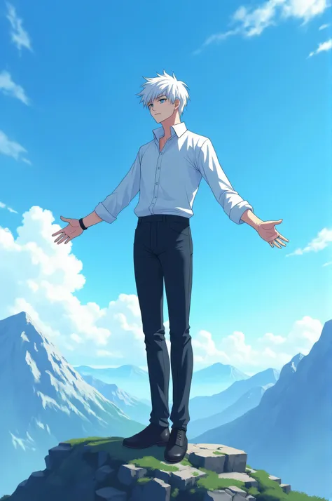 White hair male anime character ware a white shirt and black pant and feel the weather with wide open his hand on the top of the mountain and blue sky background.