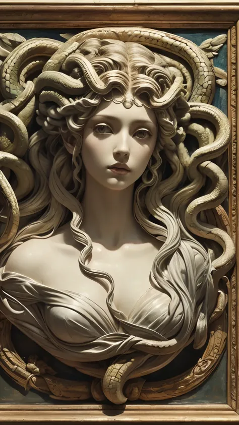 Medusa, The Queen of Beautiful Tragedies, snake hair、whole body、 Greek Mythology、Fresco、Relief、(masterpiece,  best quality:1.2),