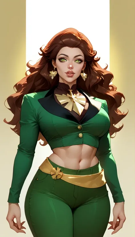 A Russian woman tender big breasted kind wavy hair longer bright red her eyes brown rectangle pupils big lips Rosa is light green military suit brushes yellow line shows navel and her light green pants wearing a yellow belt