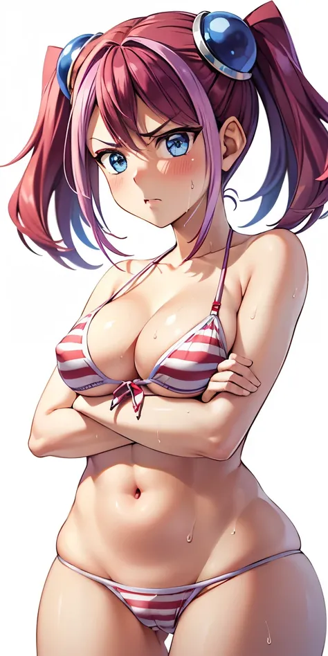 1 Female,High definition,high resolution,Ultra-realistic,8K,hy1, hair ornament, multicolored hair, blue eyes, striped bikini, red bikini,European,sexy,Photographed from the front,Dynamic Angles,blush, (medium tits),(cleavage),cute face, facial, sweat, perf...