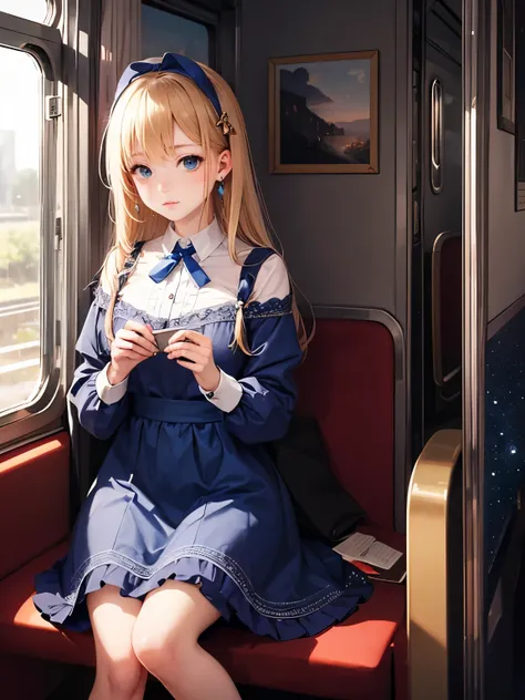  high detail,  very detailed, Alice、Alone, illustration of a train、 glitter effect, Trump、Ribbon on head, background galaxy、Blue clothes、