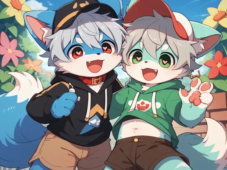  very detailedな, very detailed, blue fur gray hair,,male,骨を見てexcitedする, heart eyes,participate, red collar, green white and colored hat, cute face, fluffy fur like one,excitedする,Horny boy,garden,outside,Smiling face,Dropped ears, let's play with toys!,outs...