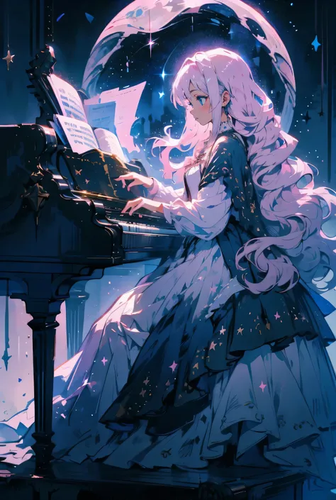 1girl,pink long hair,blue eyes,profile,
playing the piano,
full moon background,starry view,