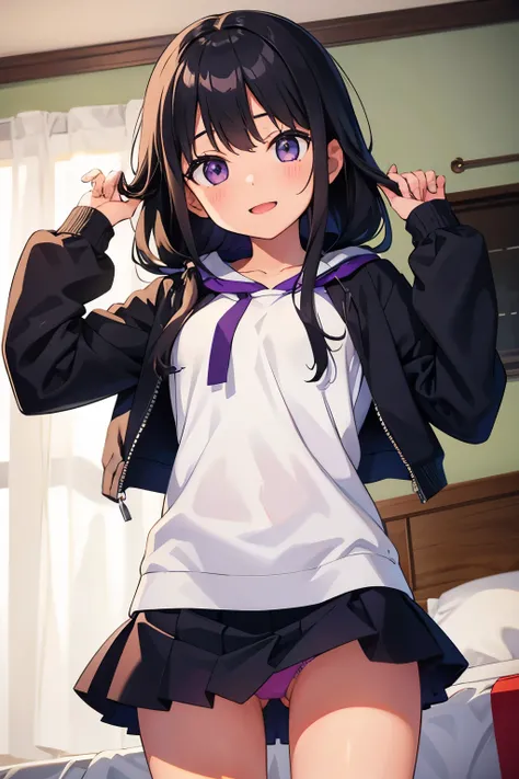 Elementary school girl　８age　Young girl　平たい胸　 black hair　 long hair　 purple eyes　smile（（One person））　Black hooded top　 lower body navy blue mini skirt　 pink panties 　 white socks　（（ I can see my panties））　 girls' room　In front of the bed　I can clearly see t...