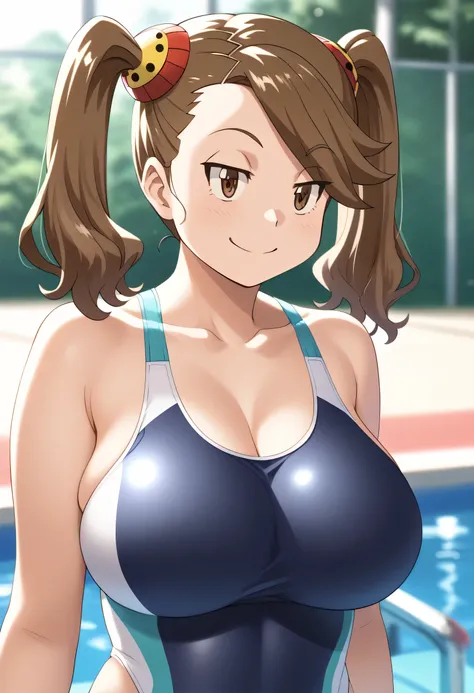  score_9,  score_8_ up,  score_7_ up,  ANIMATION SCREENSHOTS, Break1girl, Kaoruko,  tea hair,  brown eyes,  Twin Tails,   hair ornament, 
 huge breasts ,デカすぎるもちもちおっぱい competitive swimsuit, competitive swimsuit,
 upper body, smile,  Watch viewers, Alone,Sch...