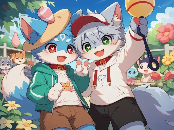  very detailedな, very detailed, blue fur gray hair,,male,骨を見てexcitedする, heart eyes,participate, red collar, green white and colored hat, cute face, fluffy fur like one,excitedする,Horny boy,garden,outside,Smiling face,Dropped ears, let's play with toys!,outs...