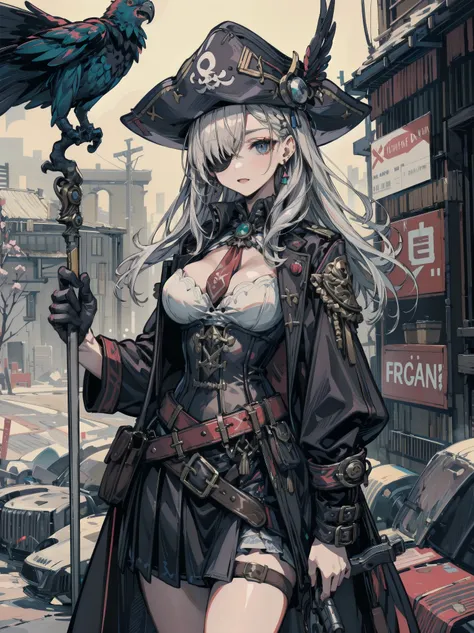 earring, breasts, perfect figure, Perfect Style, Perfect balance, ideal ratio body proportions, hair ornament, sexy, erotic, seductive, Sensual, (cowboy shot:1.2), outdoor, Practical pirate clothing, Long-sleeved pirate top, Skirt, pirate hat, coat, corset...