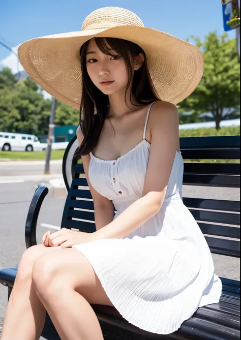 Sexy sensual japanese daughter, straw hat, white dress, at bus stop