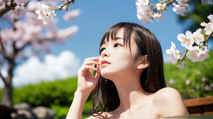 (Low angle shot of a naked slender small breasts half up brown long hair with bangs girl:1.5)、(Naked girl is soaking in a Japanese onsen outdoors and looking up the sky:1.5)、(Outdoor Japanese onsen is white color and it has full bloom cherry blossoms:1.5)、...