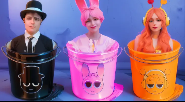 The image shows The image shows three individuals sitting in colorful buckets. The buckets are adorned with unique logos and illustrations, one featuring a bunny, another with a face, and the third with a character wearing headphones.3d style, simplified d...