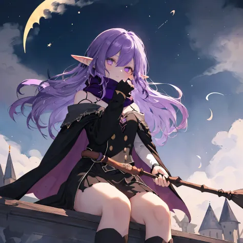 ((elf sitting on a broomstick flying in the sky)), ((Ruby red eyes)), ((high quality, masterpiece, delicate hair, determined delicate eyes)), (purple hair), ((long hair, elf ears,)) ((black broomstick with a long handle and a tuft of purple hair:1.4)), ((o...