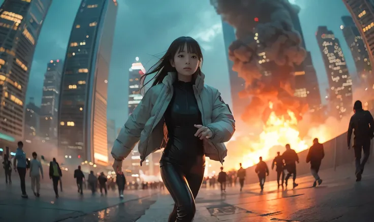 Detailed RAW photos、 Big city at night with huge skyscrapers lined up 、 A young Japanese age woman with a beautiful baby face is running at full power 、 She's wearing a futuristic latex thin pilot suit and a white down jacket with an open front zipper、 sli...