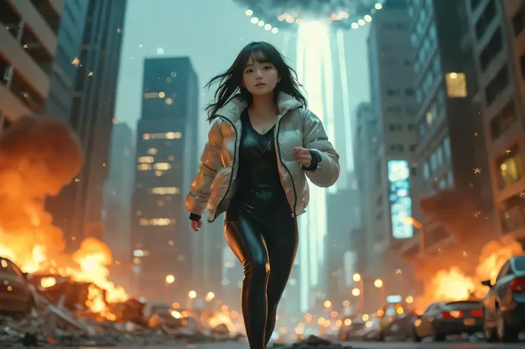 Detailed RAW photos、 Big city at night with huge skyscrapers lined up 、 A young Japanese age woman with a beautiful baby face is running at full power 、 She's wearing a futuristic latex thin pilot suit and a white down jacket with an open front zipper、 sli...