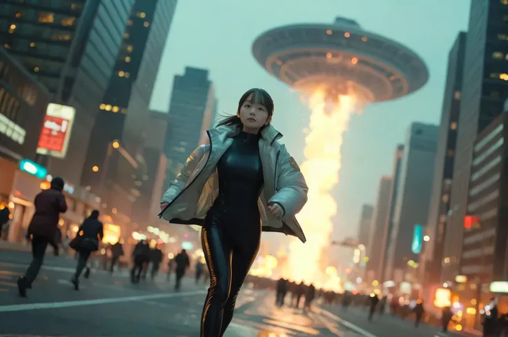 Detailed RAW photos、 Big city at night with huge skyscrapers lined up 、 A young Japanese age woman with a beautiful baby face is running at full power 、 She's wearing a futuristic latex thin pilot suit and a white down jacket with an open front zipper、 sli...