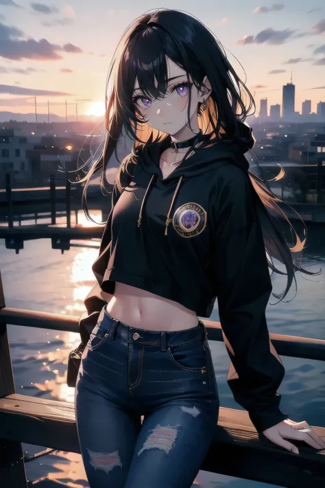 (masterpiece), (best quality), ultra detailed, finely detailed color, cenematic painting, bishoujo, model, ((one lady)), 20 years old, cute face, black hair, absurdly long hair, straight hair, (violet eyes:1.2), walking, chocker, ((black hoodie)), long jea...