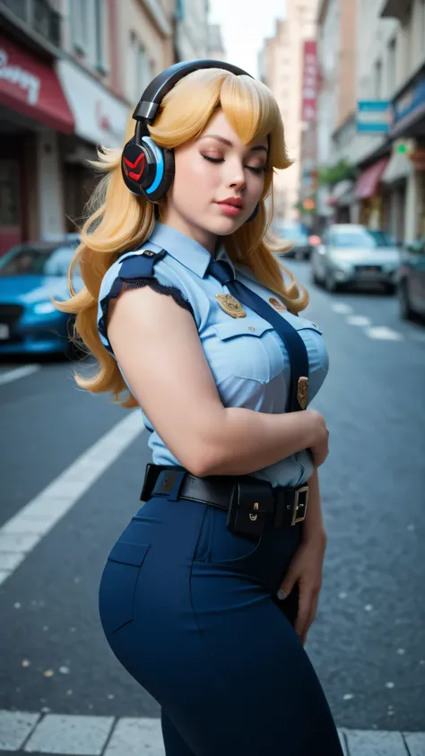 Princess Peach / Super Mario Bros,  blond hair,   A woman   ,  long hair,   eyes closed, arrogant gaze,  listening to music with headphones in her ears, she opted for a police uniform , lace,   medium breasts,   Not suitable for work ,     fat ass,   thick...