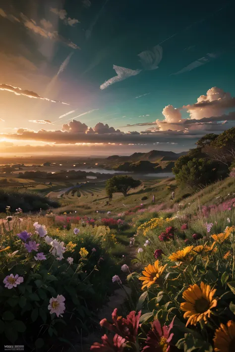 a field of colorful flowers, sunset, highly detailed, masterpiece, vibrant colors, intricate details, best quality, cinematic lighting, photorealistic, award winning photography, dramatic sky, lush vegetation, cinematic composition, volumetric lighting, dr...