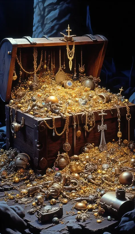 an old pirate chest, full of gold and silver items such as necklaces, rings, swords, valuable stones, a silver cross