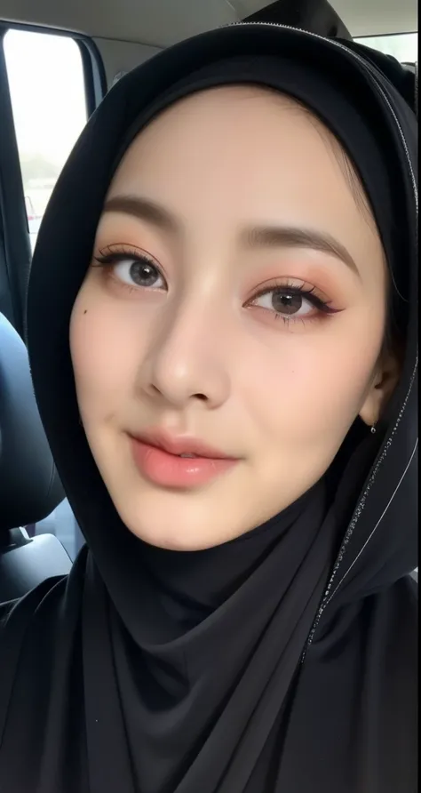 1girl hijab, ((wear hijab in head girl)), outfit hijab style, beautiful detailed eyes, beautiful detailed lips, slight smile, extremely detailed face and portrait, close up photo, potrait from below, long eyelashes, ((clothing long hijab girl)), selfie, gi...