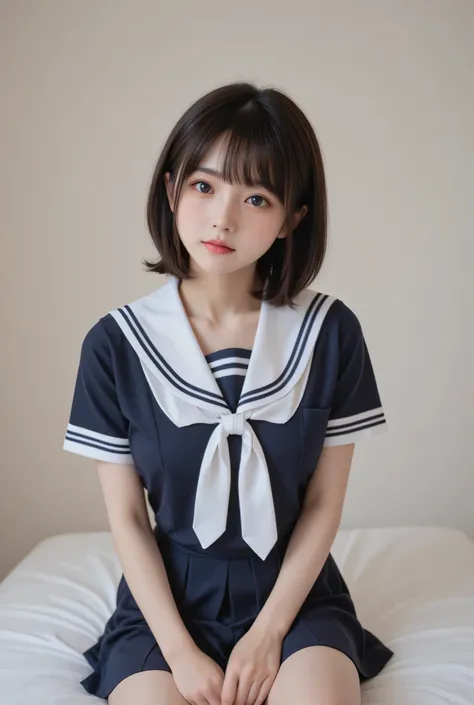  Korean Girl、 sit on the bed、 school uniform 、 sailor suit