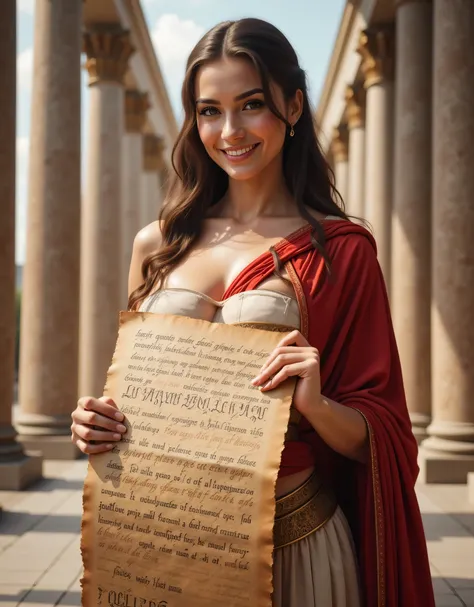 A hyper-realistic wide scenery image shot of a prehistoric beautifully ancient female rome senator holding showed up a big size latin alphabetics script papyrus, symmetrically balanced in image composition. The beautifully ancient rome senator is depicted ...
