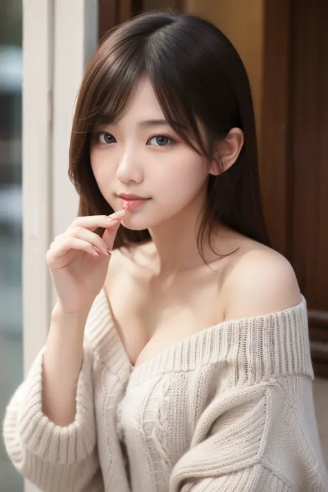  23 years old.   Japanese girl.  off-shoulder knit. Put your fingers in front of your mouth .  cleavage