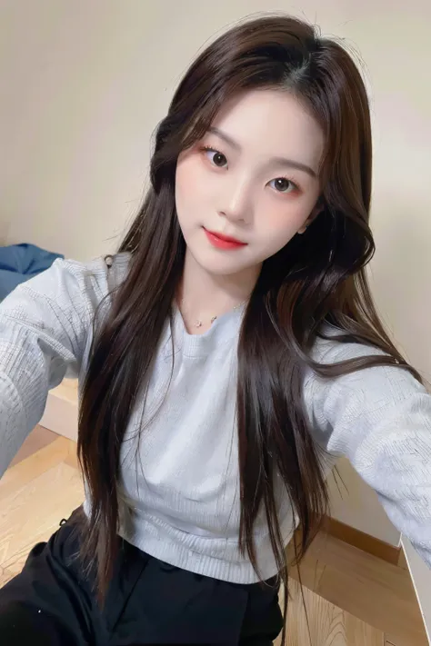 ((Masterpiece, high resolution, ultra detailed, 8k, raw photo)), 1 girl, graceful, soft skin, delicate face, perfect face, perfect eyes, (lying silkworm), brown hair, long wavy hair, long sleeved t-shirt, cargo pants, random pose, sexy girl, (smile: 0.7) 