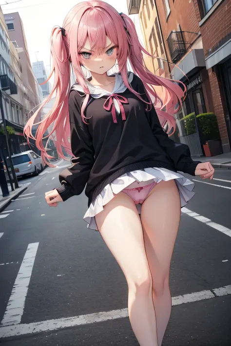 pantyshot,panties shot,angry,long hair,pink hair,street,
