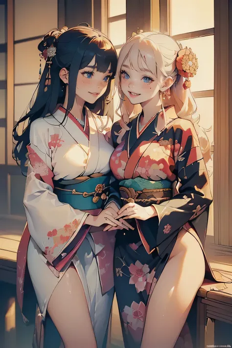 ( Beautiful young girls are whispering secrets to each other,  extremely detailed,  fractal ,  colorful, Bust Up Details ,  happy,  is laughing,  elegant,  sensual,  Japanese kimono, masterpiece,  best quality,  Official Art,  beautiful and aesthetic:1.2, ...