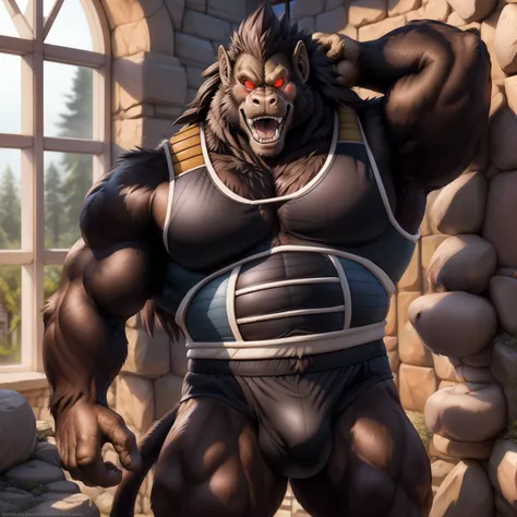 solo, breath (ultra detailed), a beautiful and detailed full size portrait of a male anthro gorilla, oozaru, brown fur, fur body, monkey tail, long hair, red eyes, close up view, glowing eyes, empty eyes, tail, bedroom eyes, detailed eyes, big body, sexy b...